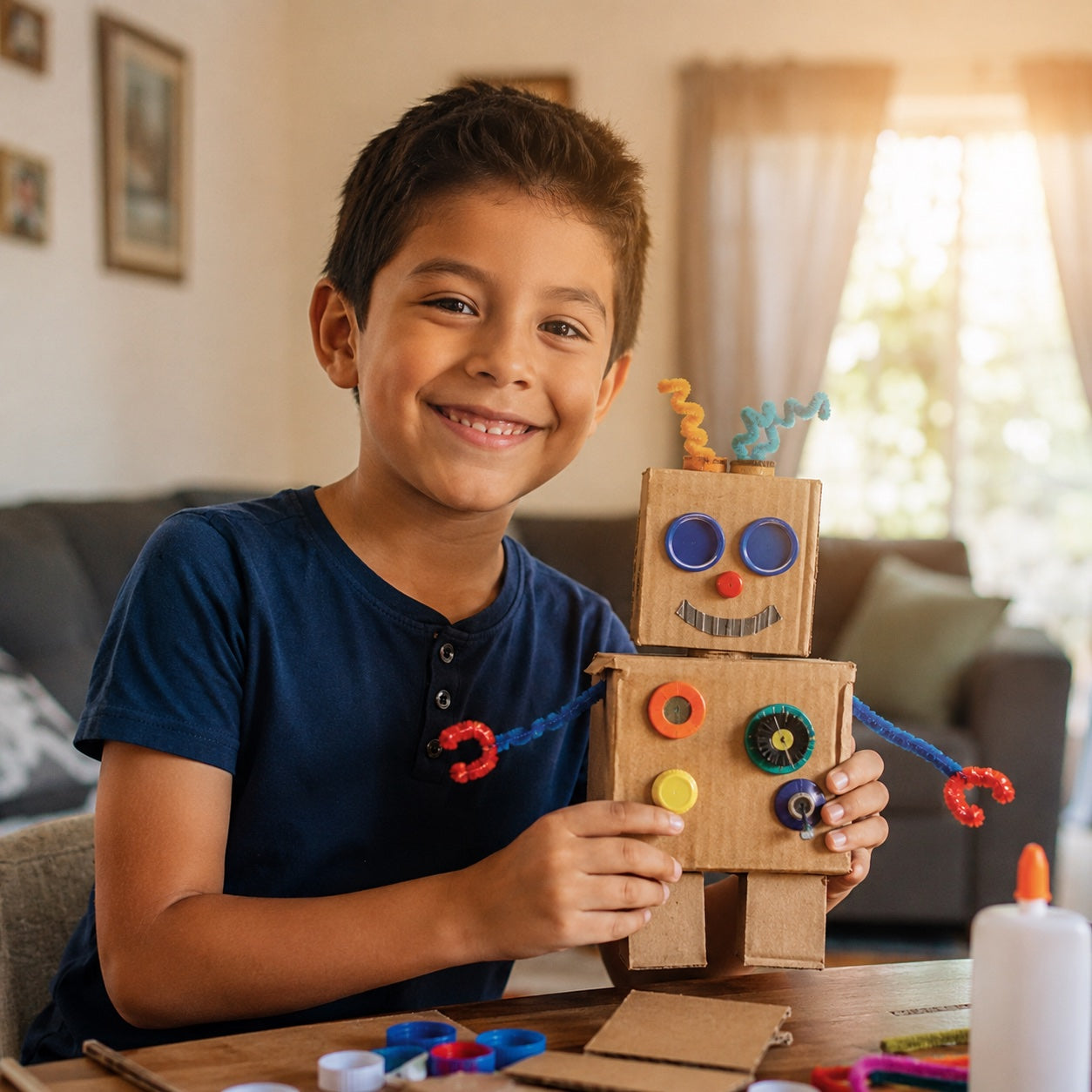 Bambino che mostra un robot fatto in casa