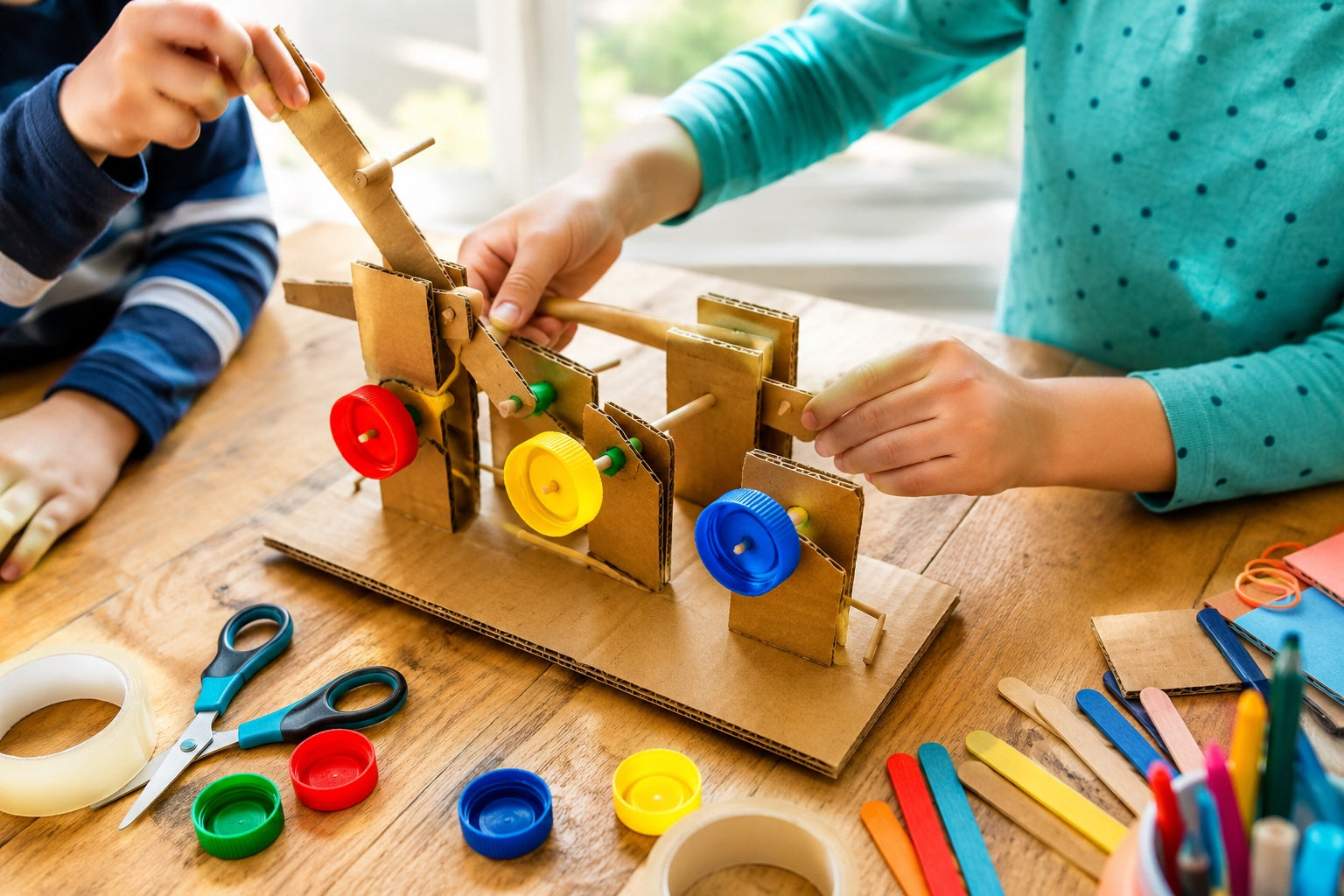 Progetto per bambini con cartone e materiali di uso quotidiano
