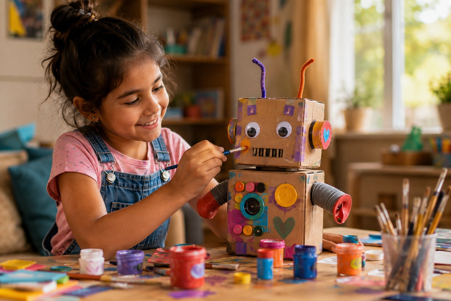 Bambina che personalizza una creazione robotica